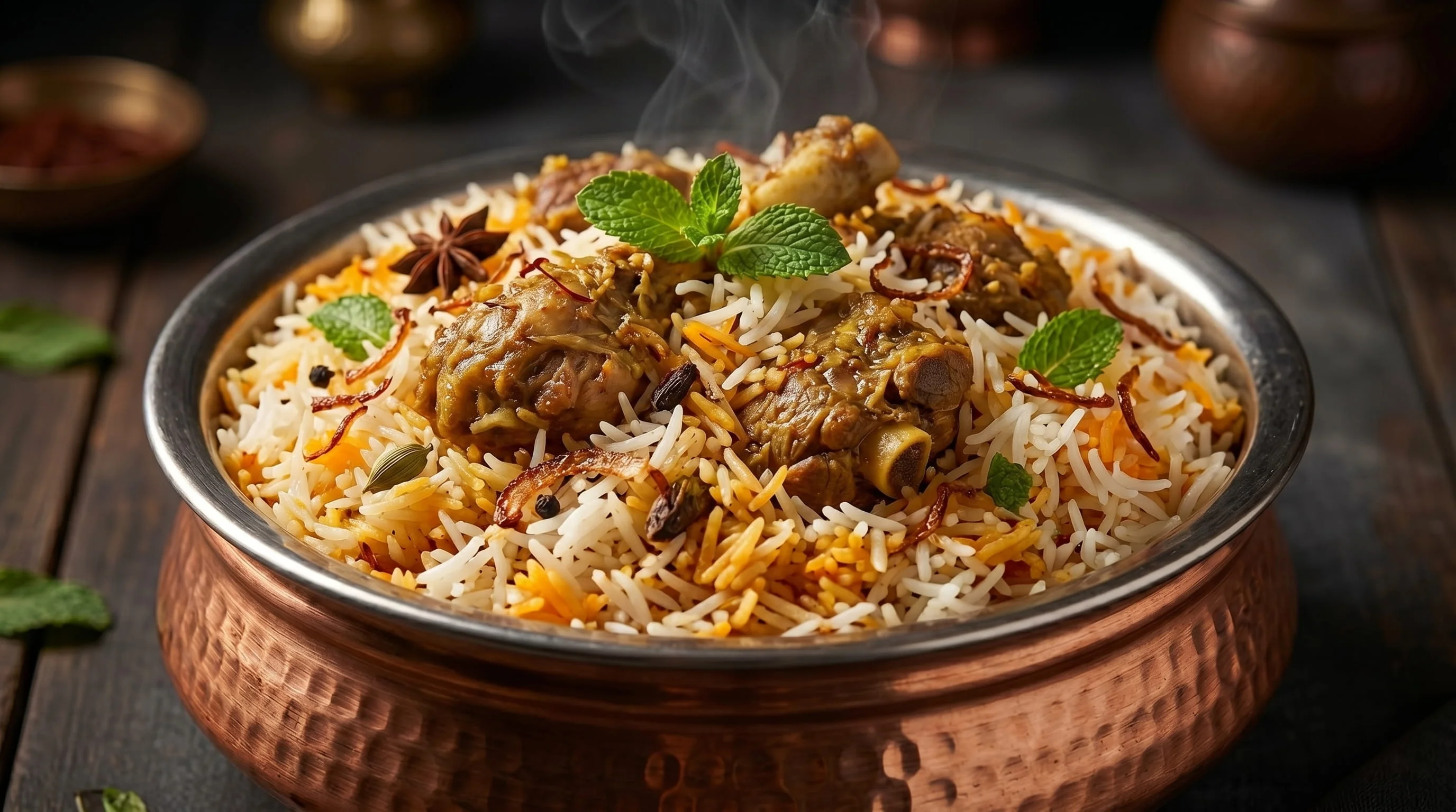 Authentic Dum Biryani served in a traditional copper daig